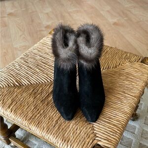 BALLY Black Leather Fur Trim Ankle Boots Made in Italy Designer Luxury Classic